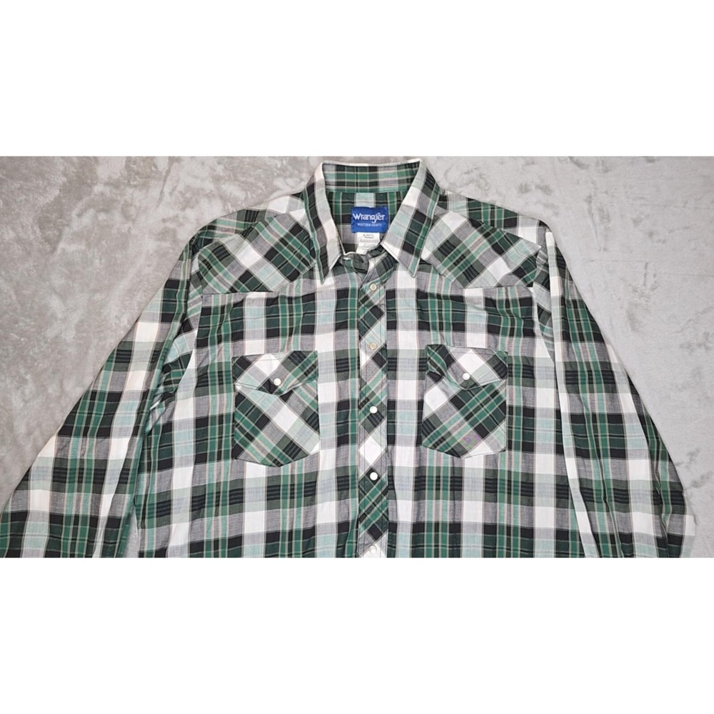 Wrangler Shirt Mens XL Rodeo Western Pearl Snap Cowboy Green Plaid Ranch Relaxed - Picture 4 of 14